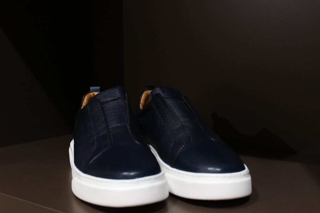 Men's Handmade Navy Blue Leather Sneakers | Zenway