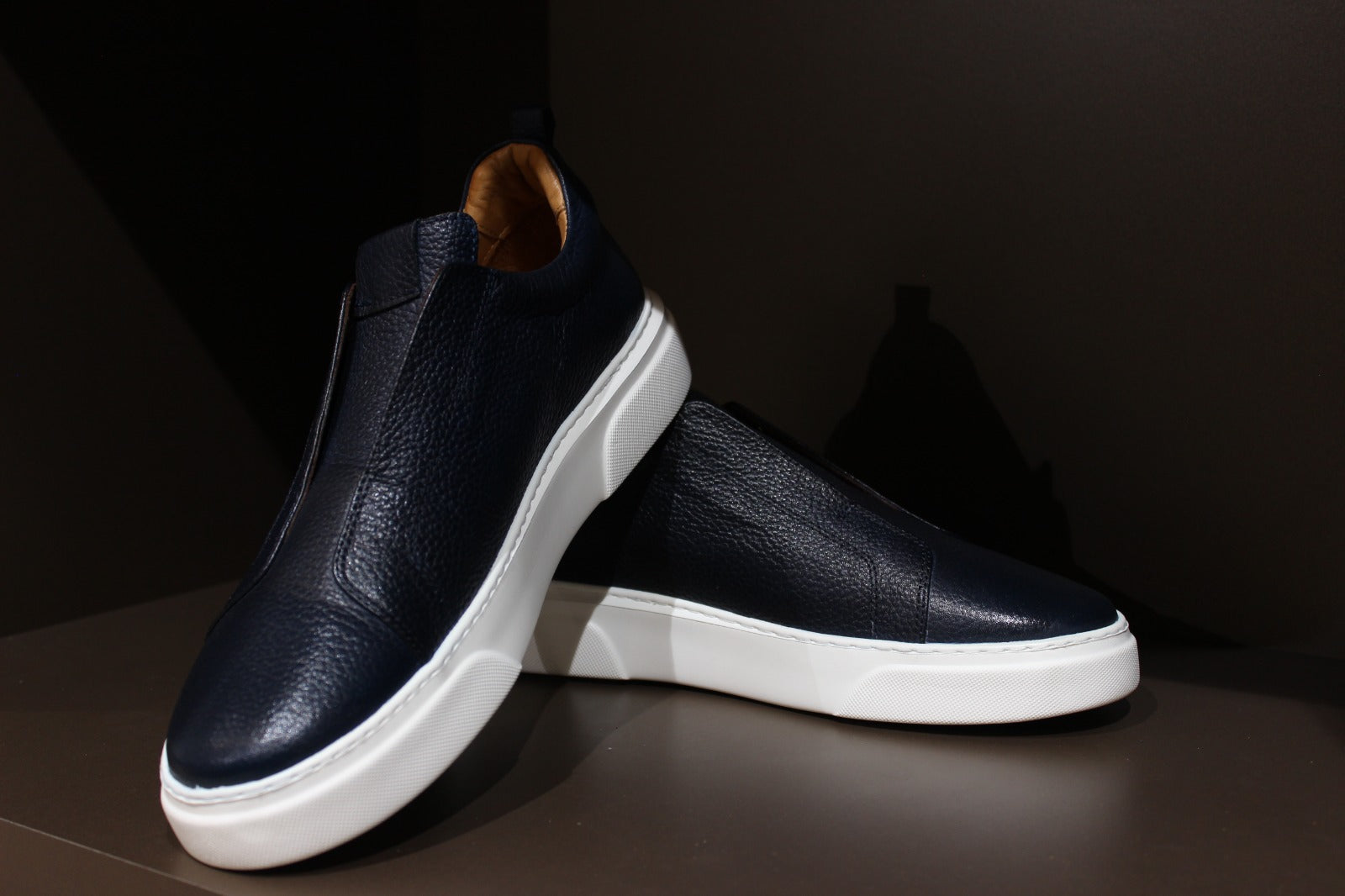 Men's Handmade Navy Blue Leather Sneakers | Zenway