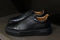 Handmade Men’s Black Leather Slip-On Sneakers – Minimal Low-Top Casual Shoes