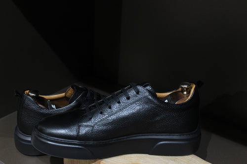 Handmade Men’s Black Leather Sneakers  II – Modern Low-Top Casual Shoes