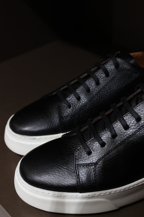 Handmade Men’s Black Leather Sneakers – Modern Low-Top Casual Shoes