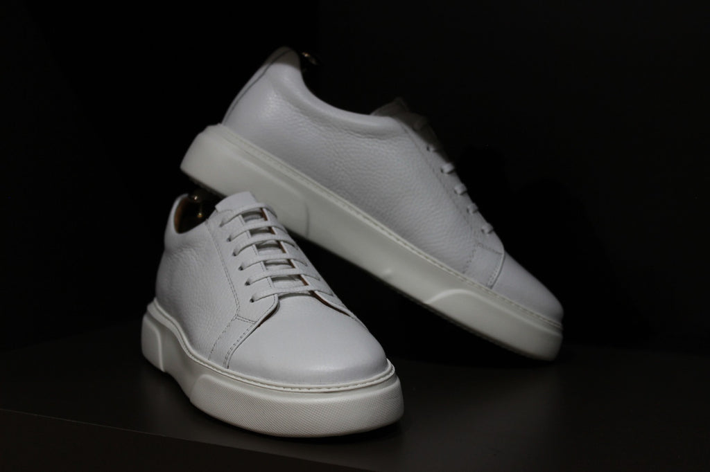 Handmade Men’s White Leather Sneakers – Modern Low-Top Casual Shoes