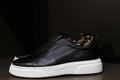 Handmade Men’s Black Leather Slip-On Sneakers II – Minimal Low-Top Casual Shoes